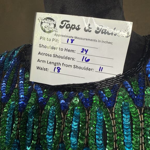 80s Women Stenay Sequin Blouse Top Black Blue Green Beaded Party Glam Occasion - Picture 11 of 11